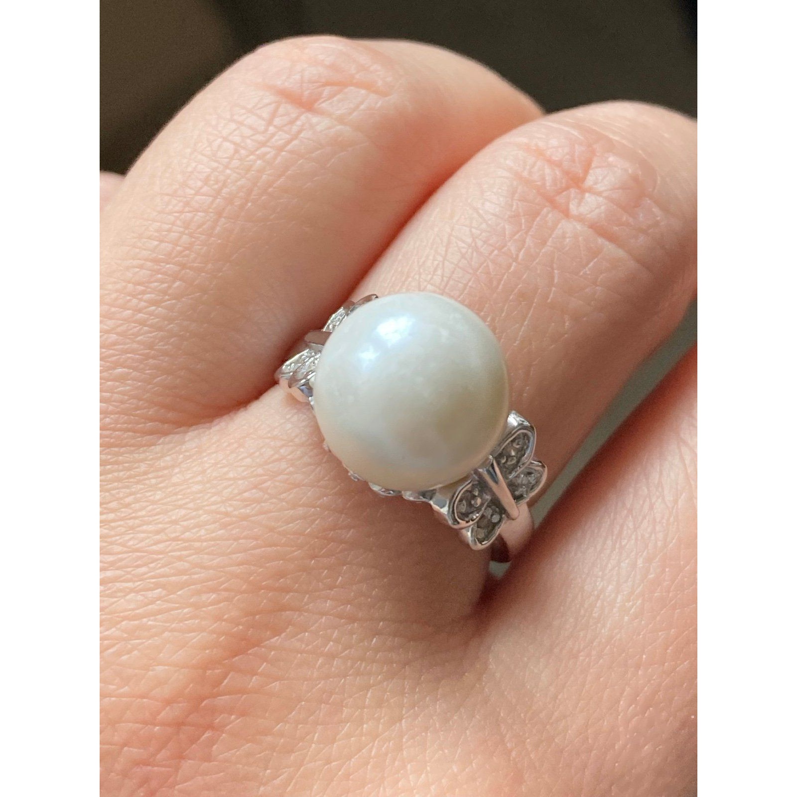 925 Sterling Silver Faux Pearl Genuine Diamond Ring